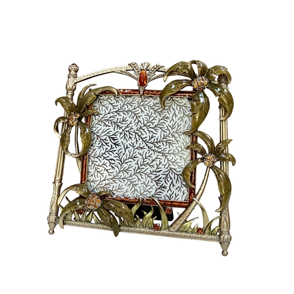 Tropical Palm Tree Enameled Rhinestone Picture Frame Gold Tone 3.5x3.5 Photo